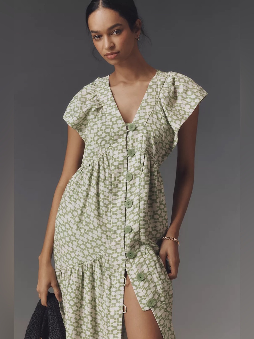 Anthropologie Flutter-Sleeve Linen-Blend Button-Front Midi Dress Green Motif LG - Picture 4 of 14